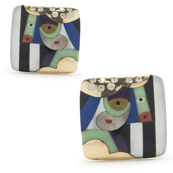 Asch Grossbardt 18 Karat Yellow Gold Diamond and Multi Gemstone Inlay Square Earrings