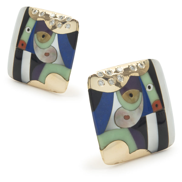 Asch Grossbardt 18 Karat Yellow Gold Diamond and Multi Gemstone Inlay Square Earrings