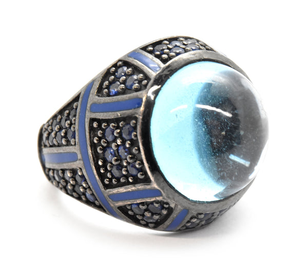 Mens Sterling Silver And Blue Cabochon Quartz Ring Size 7.25