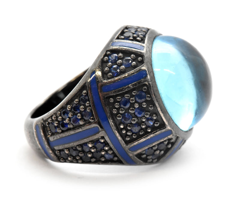 Mens Sterling Silver And Blue Cabochon Quartz Ring Size 7.25