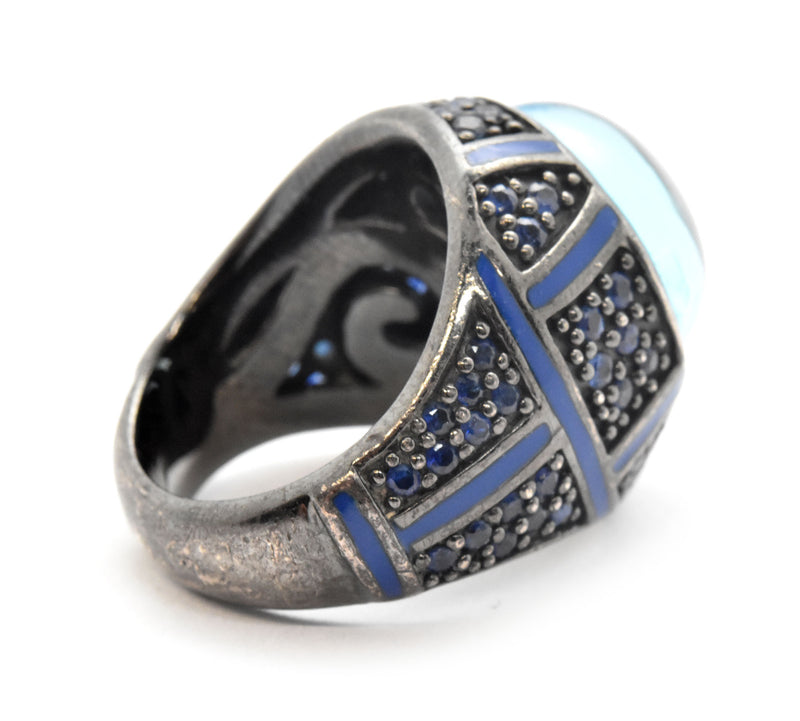 Mens Sterling Silver And Blue Cabochon Quartz Ring Size 7.25