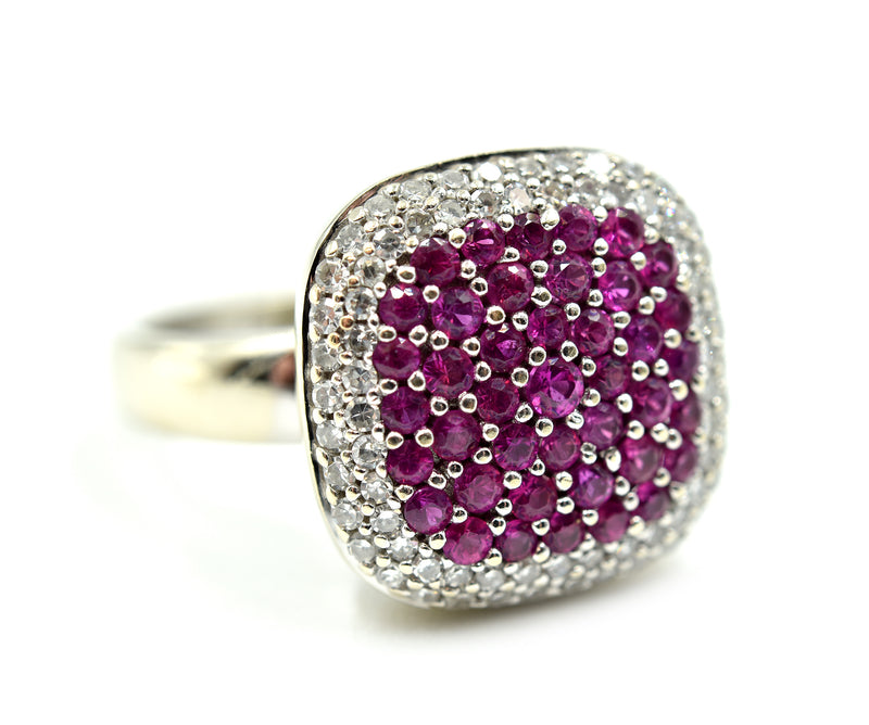 14k White Gold, Round Diamond and Pave Set Ruby Fashion Ring Signed "Effy"