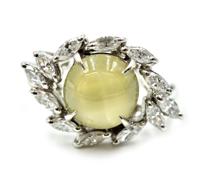 Ladies Cat Eye Chrysoberyl and Marquise Diamond Platinum Fashion Ring