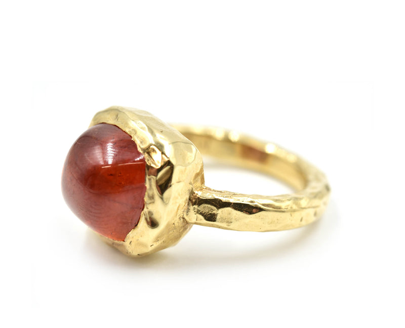 Cabochon Red Tourmaline 14k Yellow Gold Hammered Ring