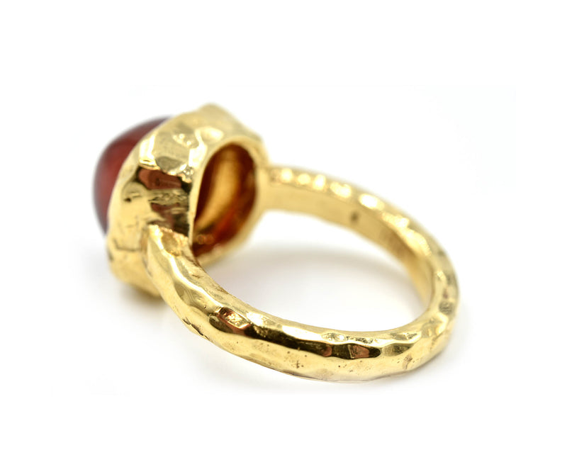 Cabochon Red Tourmaline 14k Yellow Gold Hammered Ring