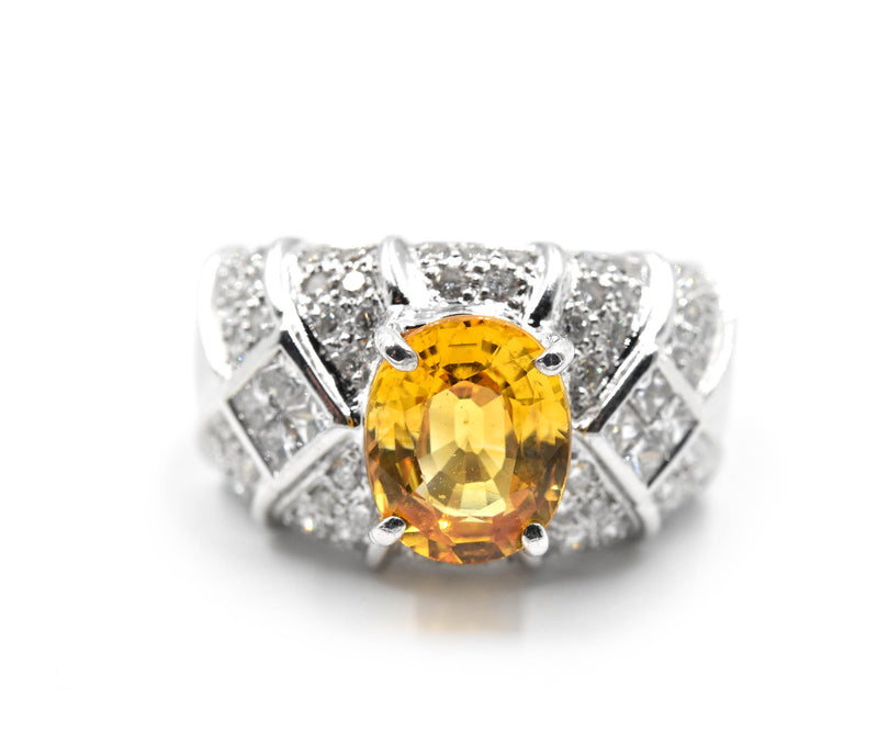 2.60 Carat Golden Sapphire & Diamond 18k White Gold Ring