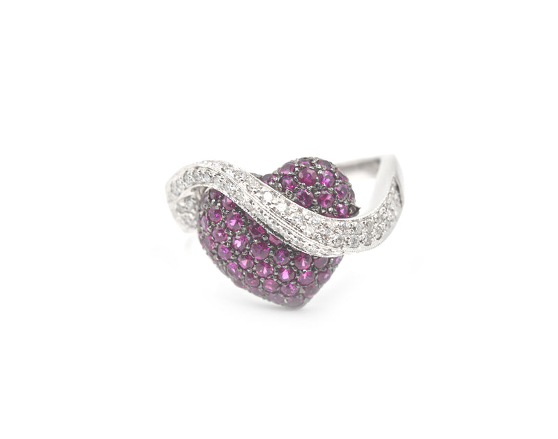 14k White Gold Ruby and Diamond Heart Crossover Ring
