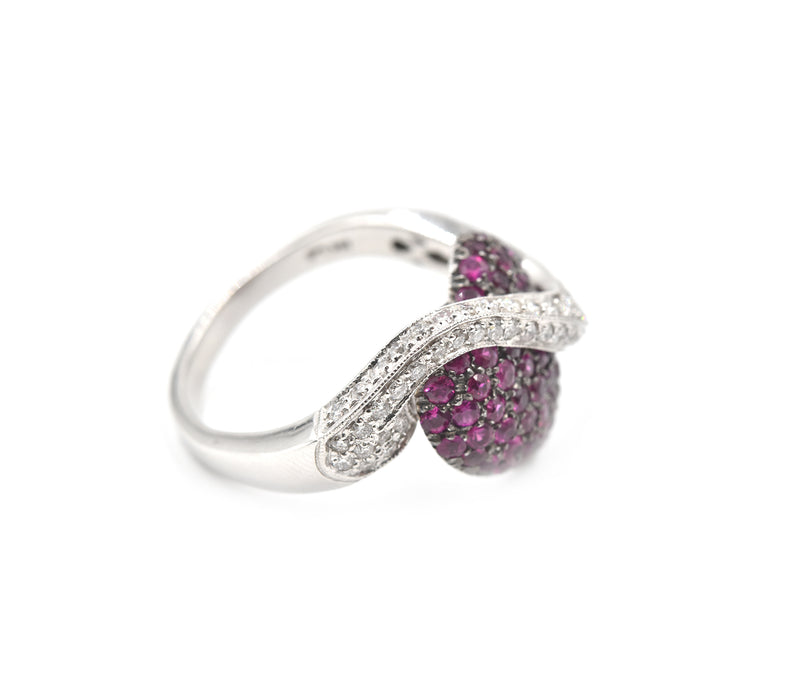 14k White Gold Ruby and Diamond Heart Crossover Ring