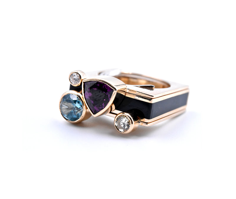 14k Yellow Gold Garnet, Zircon, Diamond, and Onyx Geometric Ring