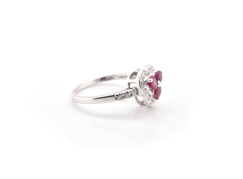 14k White Gold Ruby Trio and Diamond Ring