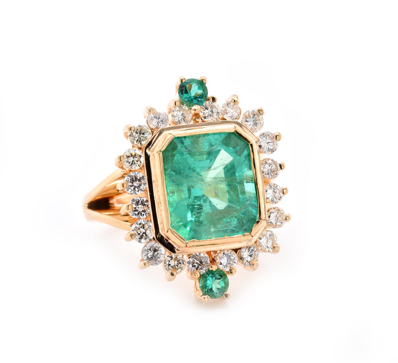 18 Karat Yellow Gold Emerald and Diamond Ring