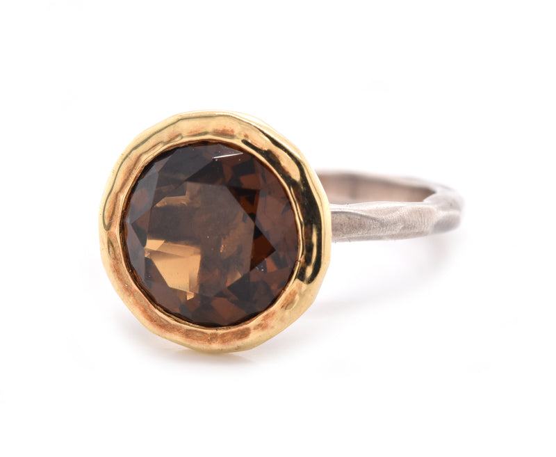 18 Karat Yellow Gold and Sterling Silver Cognac Quartz Ring