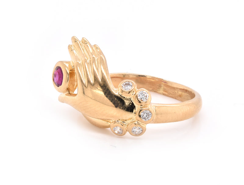 18 Karat Yellow Gold Diamond and Ruby Hand Ring