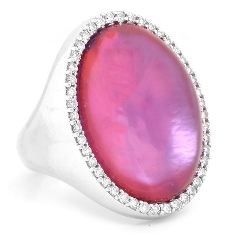 18 Karat White Gold Pink Quartz Over Mother of Pearl and Diamond Ring
