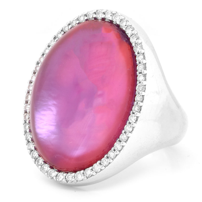 18 Karat White Gold Pink Quartz Over Mother of Pearl and Diamond Ring
