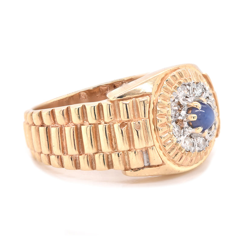 14 Karat Yellow Gold Cabochon Cut Sapphire and Diamond Ring