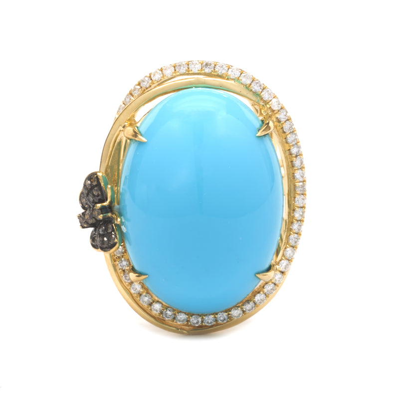 14 Karat Yellow Gold Sleeping Beauty Turquoise and Diamond Ring with Chocolate Diamond Accents