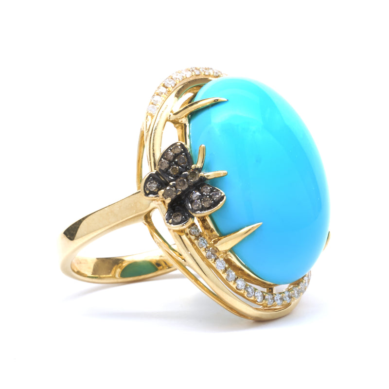 14 Karat Yellow Gold Sleeping Beauty Turquoise and Diamond Ring with Chocolate Diamond Accents