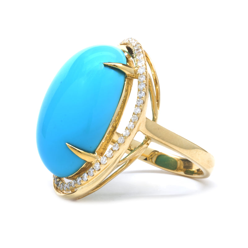 14 Karat Yellow Gold Sleeping Beauty Turquoise and Diamond Ring with Chocolate Diamond Accents