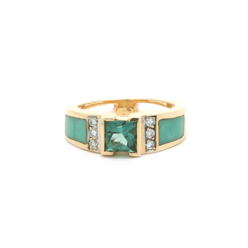 14 Karat Yellow Gold Green Quartz, Diamond, and Jade Inlay Ring