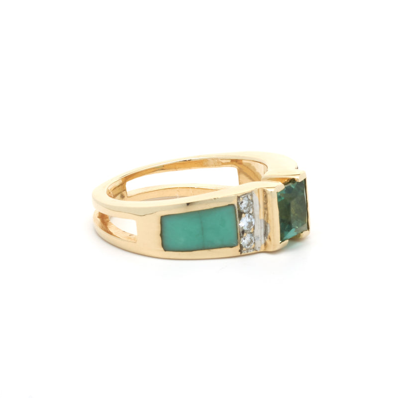 14 Karat Yellow Gold Green Quartz, Diamond, and Jade Inlay Ring