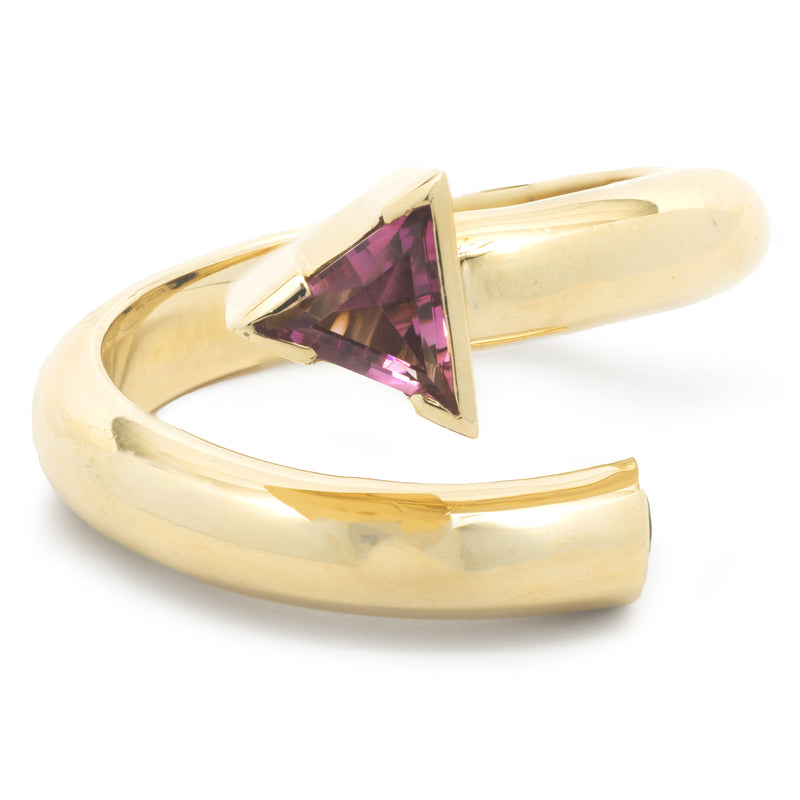 14 Karat Yellow Gold Pink and Chrome Tourmaline Geometric Bypass Ring