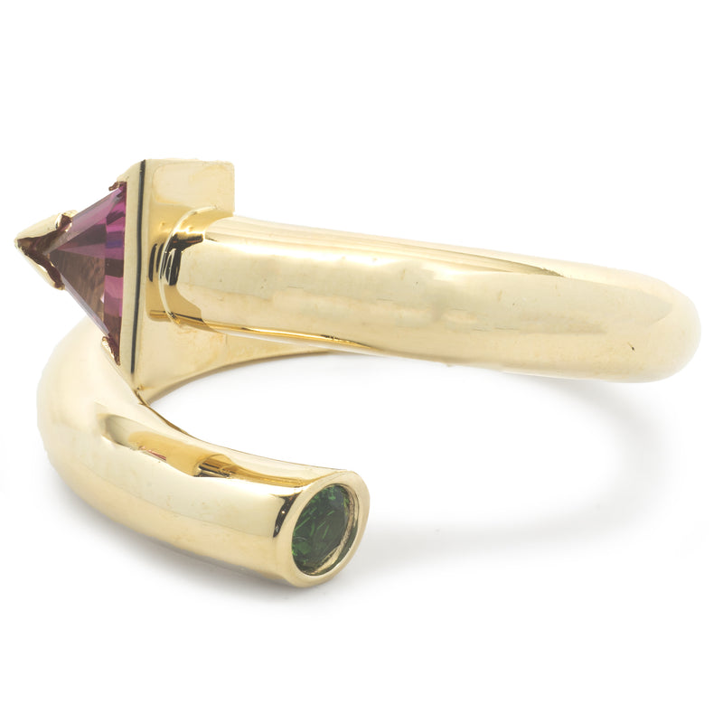 14 Karat Yellow Gold Pink and Chrome Tourmaline Geometric Bypass Ring