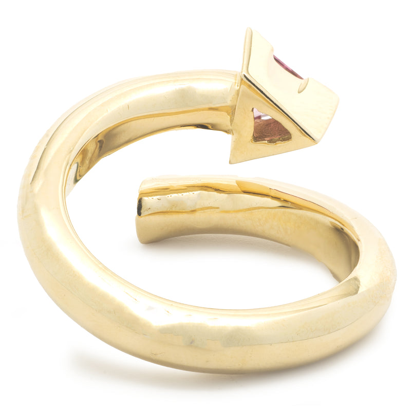 14 Karat Yellow Gold Pink and Chrome Tourmaline Geometric Bypass Ring