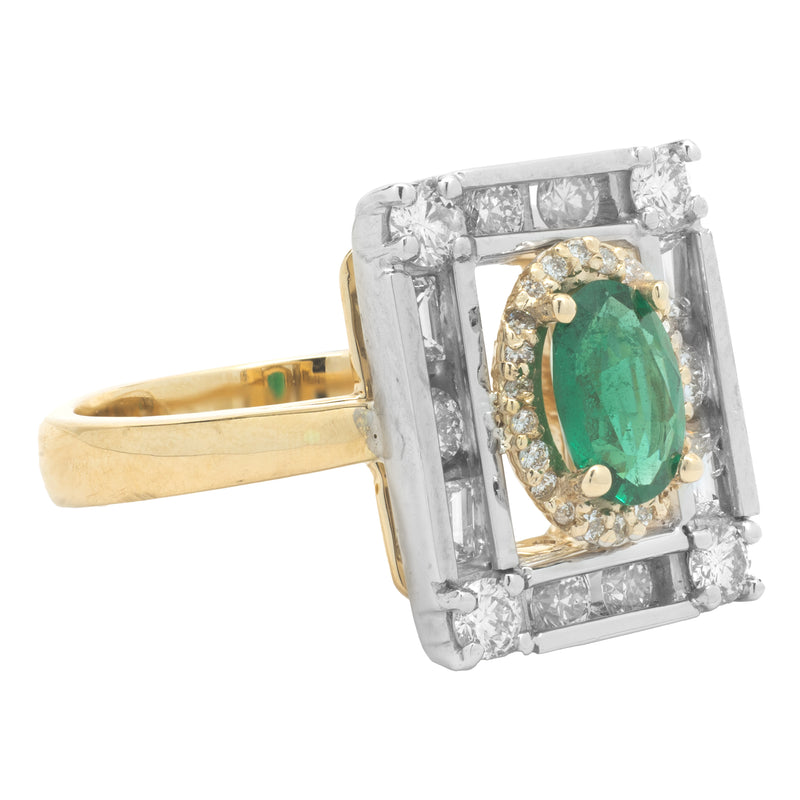 14 Karat Two Tone Emerald and Diamond Ring