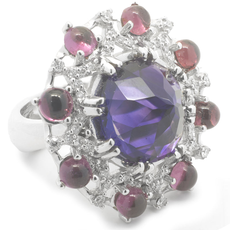 14 Karat White Gold Arizona Amethyst, Pink Tourmaline and Diamond Cocktail Ring