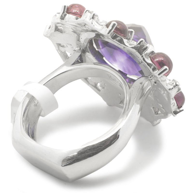 14 Karat White Gold Arizona Amethyst, Pink Tourmaline and Diamond Cocktail Ring