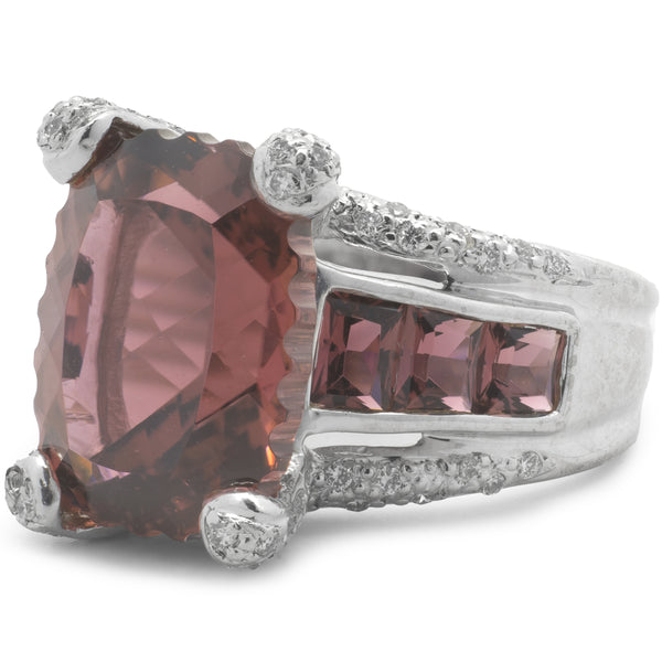 18 Karat White Gold Pink Topaz and Diamond Ring