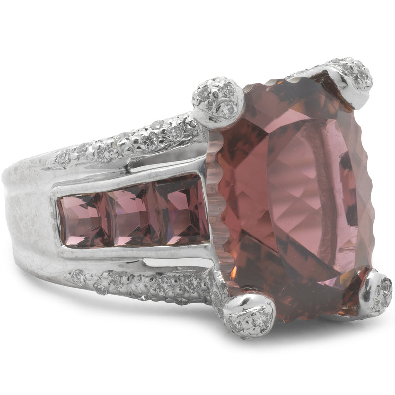 18 Karat White Gold Pink Topaz and Diamond Ring