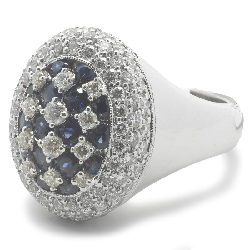 18 Karat White Gold Checkerboard Sapphire and Diamond Ring