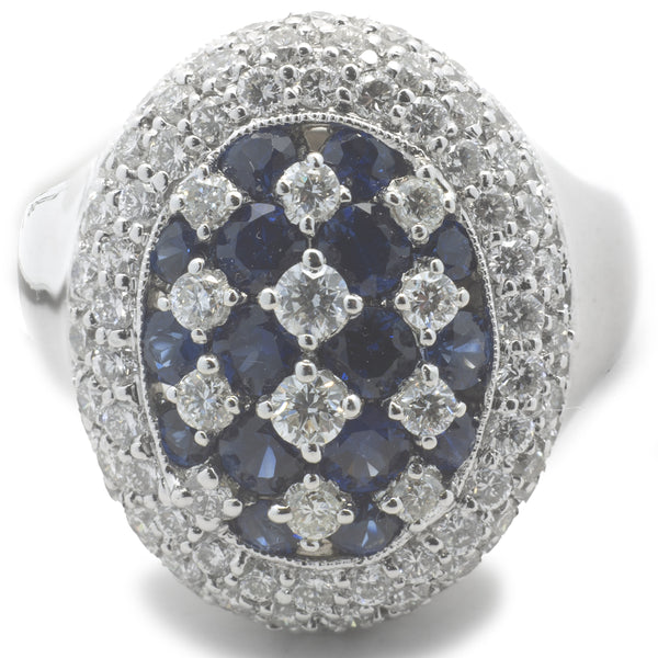 18 Karat White Gold Checkerboard Sapphire and Diamond Ring