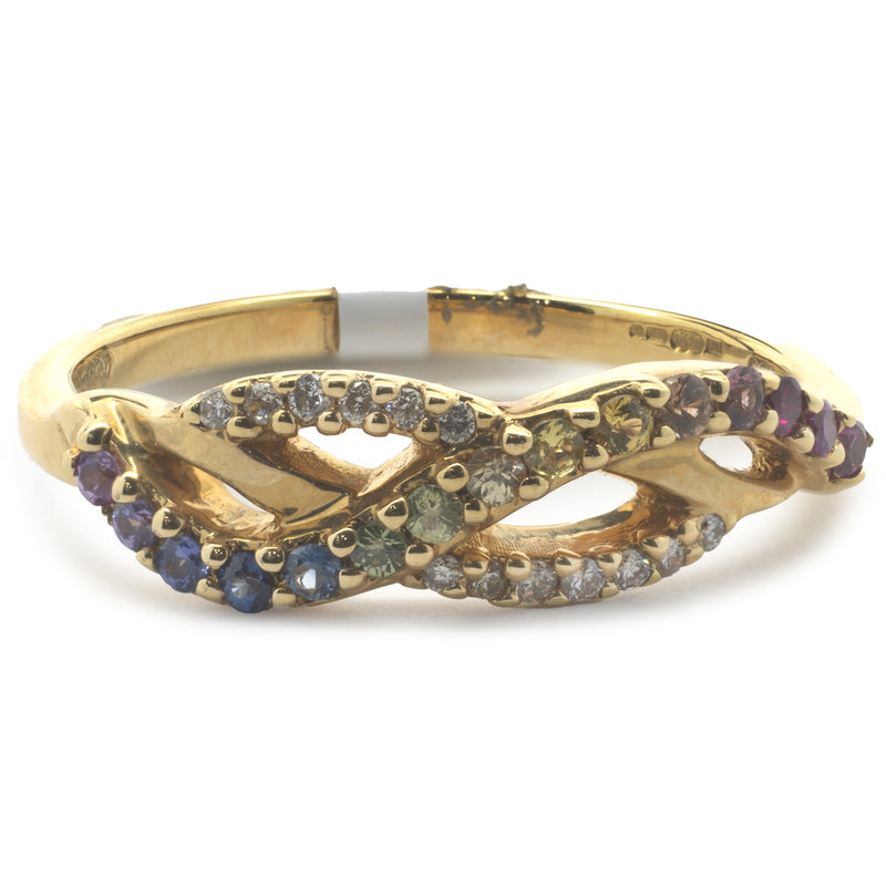 18 Karat Yellow Gold Rainbow Sapphire and Diamond Twist Band
