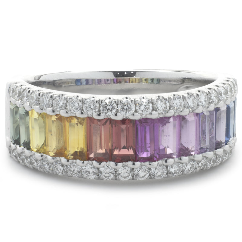 14 Karat White Gold Rainbow Sapphire and Diamond Ring