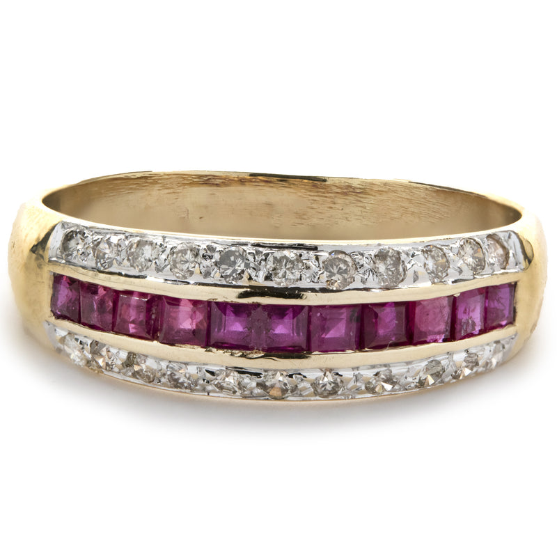 14 Karat Yellow Gold Vintage Ruby and Diamond Band