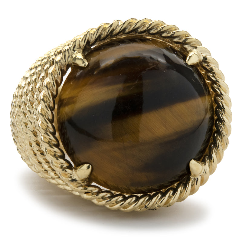 18 Karat Yellow Gold Ornate Tigers Eye Graduated Ring