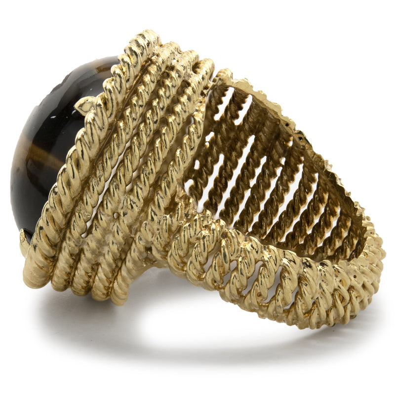 18 Karat Yellow Gold Ornate Tigers Eye Graduated Ring