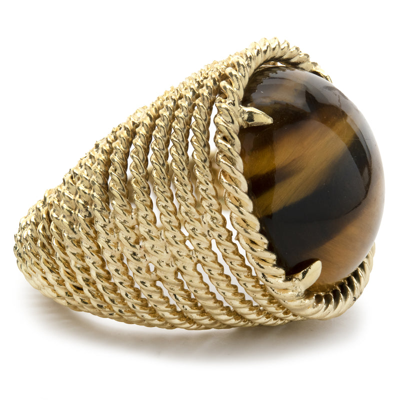 18 Karat Yellow Gold Ornate Tigers Eye Graduated Ring