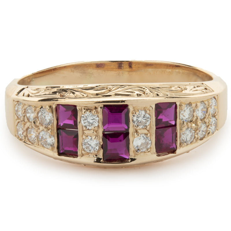 14 Karat Yellow Gold Vintage Double Row Diamond Ruby Band