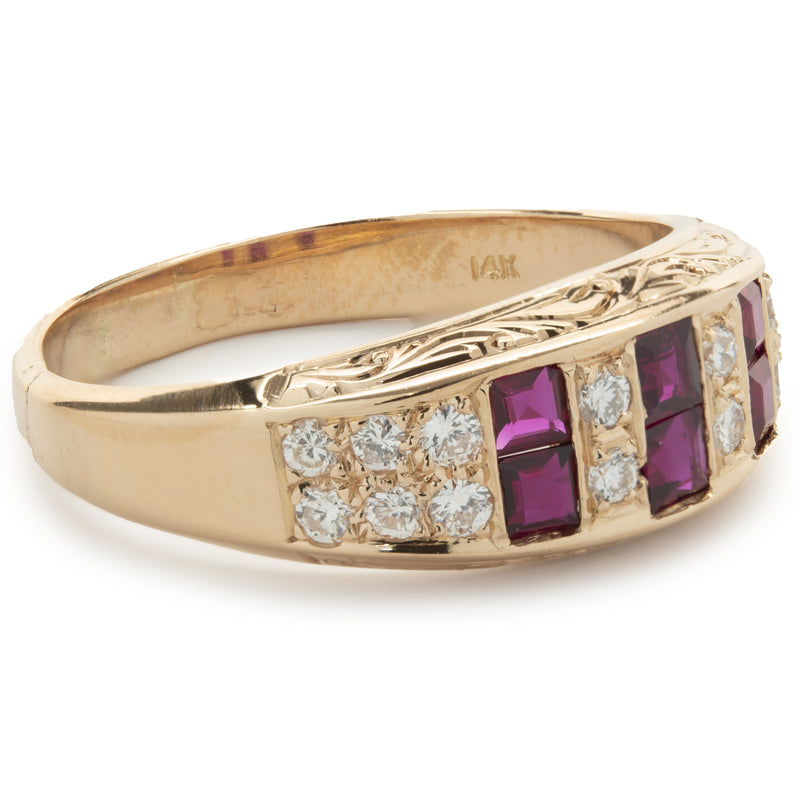14 Karat Yellow Gold Vintage Double Row Diamond Ruby Band