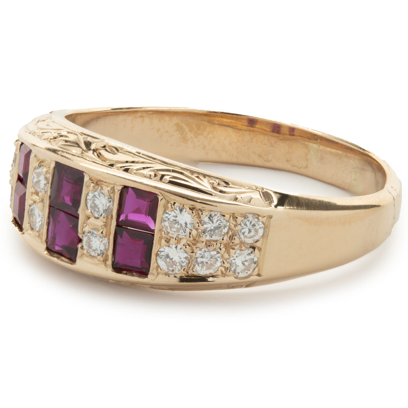 14 Karat Yellow Gold Vintage Double Row Diamond Ruby Band