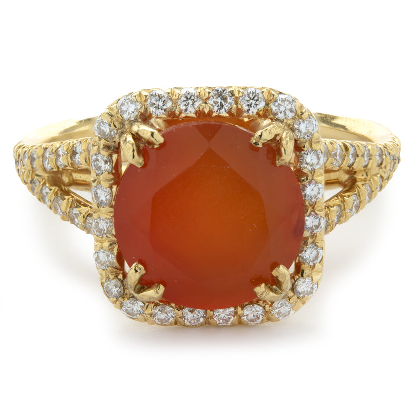 18 Karat Yellow Gold Mexican Fire Opal and Diamond Ring