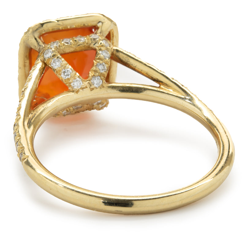 18 Karat Yellow Gold Mexican Fire Opal and Diamond Ring