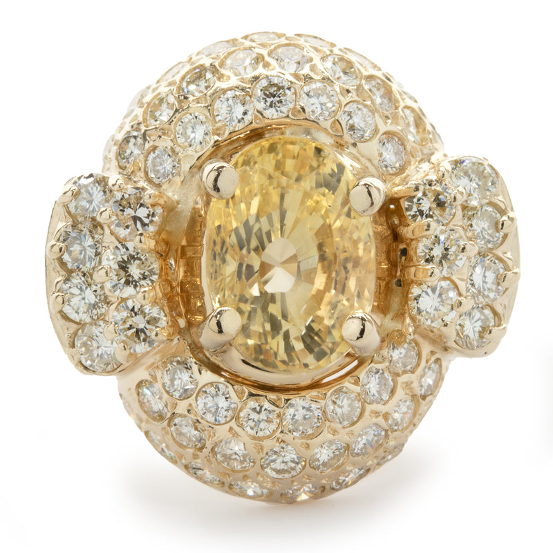 14 Karat Yellow Gold Golden Sapphire and Pave Diamond Ring