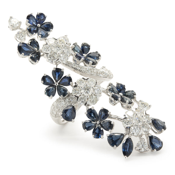18 Karat White Gold Sapphire and Diamond Floral Long Finger Ring
