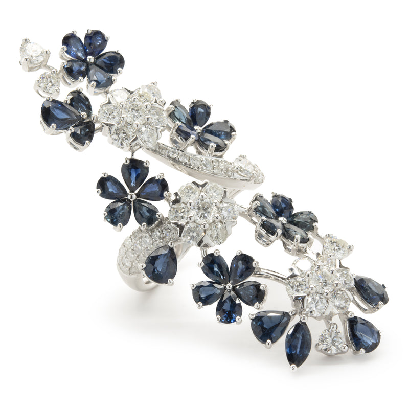 18 Karat White Gold Sapphire and Diamond Floral Long Finger Ring