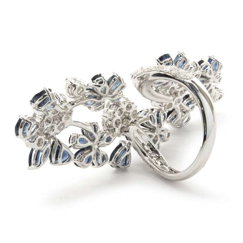 18 Karat White Gold Sapphire and Diamond Floral Long Finger Ring